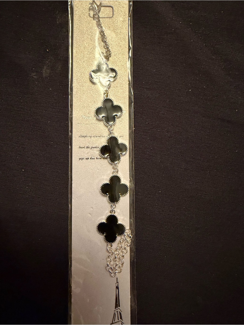 Women's Silver Clover-Link Bracelet with Black Accents